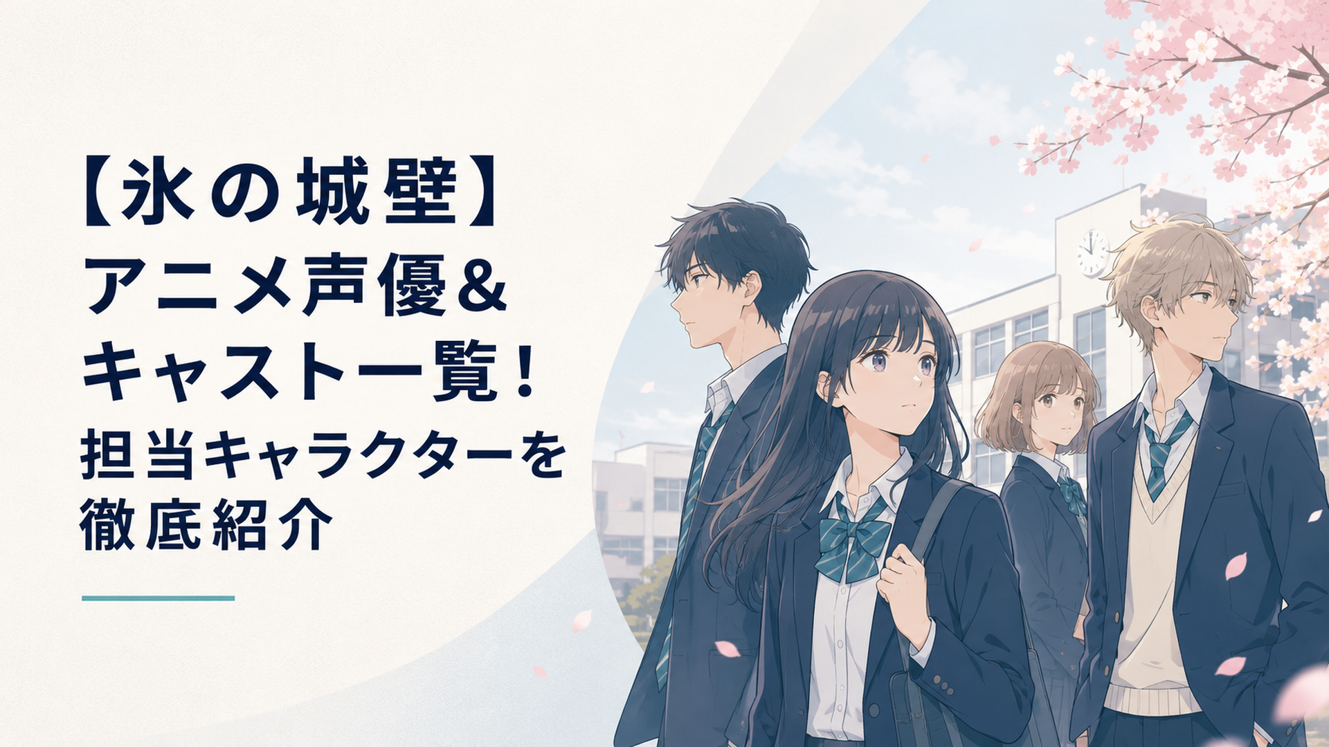 アニメ『氷の城壁』の主要キャラクター4人をイメージした、春の高校を背景にした青春群像劇風のビジュアル