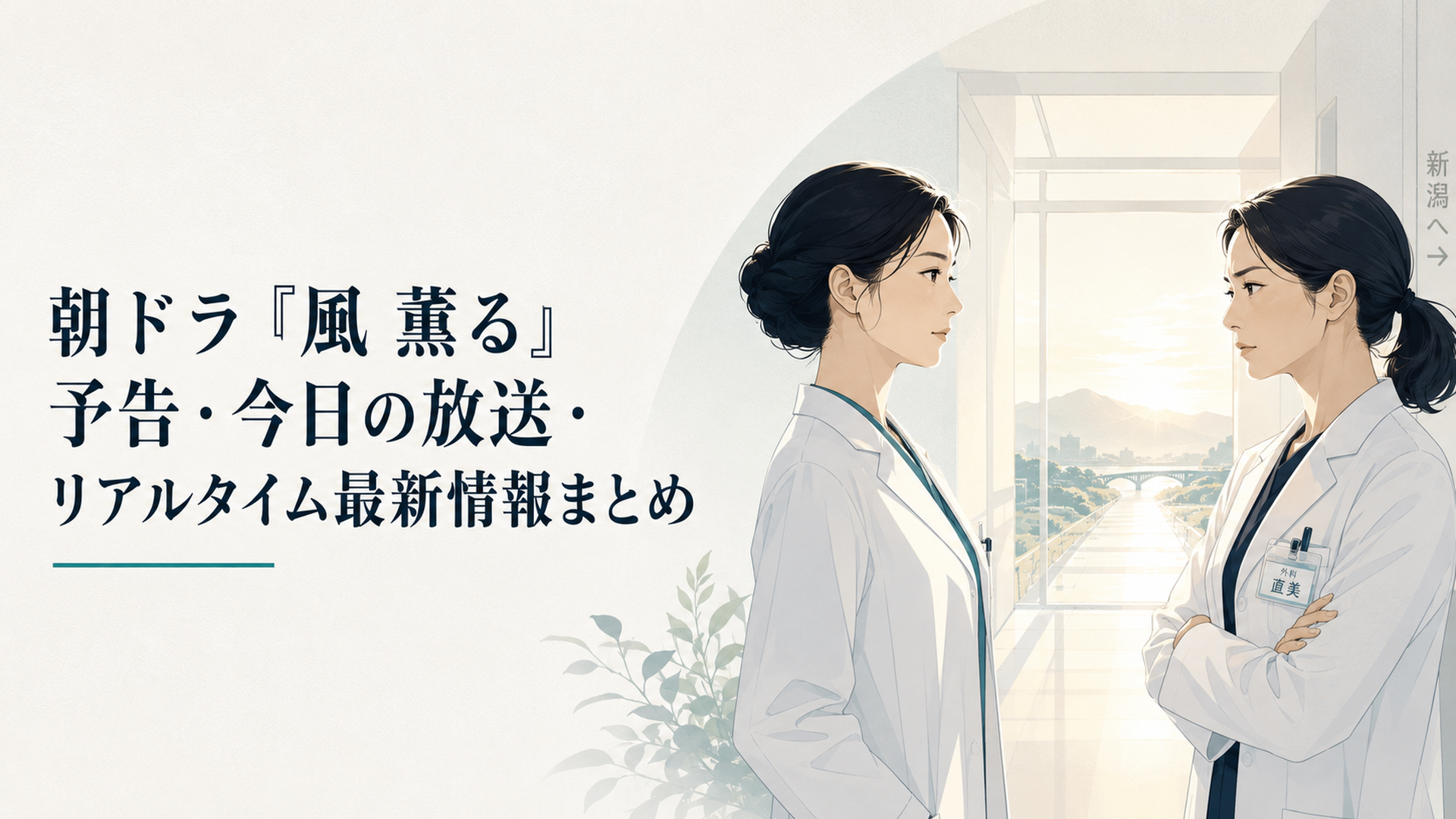 白衣姿のりんと厳しい表情の直美が病院で向き合い、その奥に新潟へ続く朝の光が差し込む場面