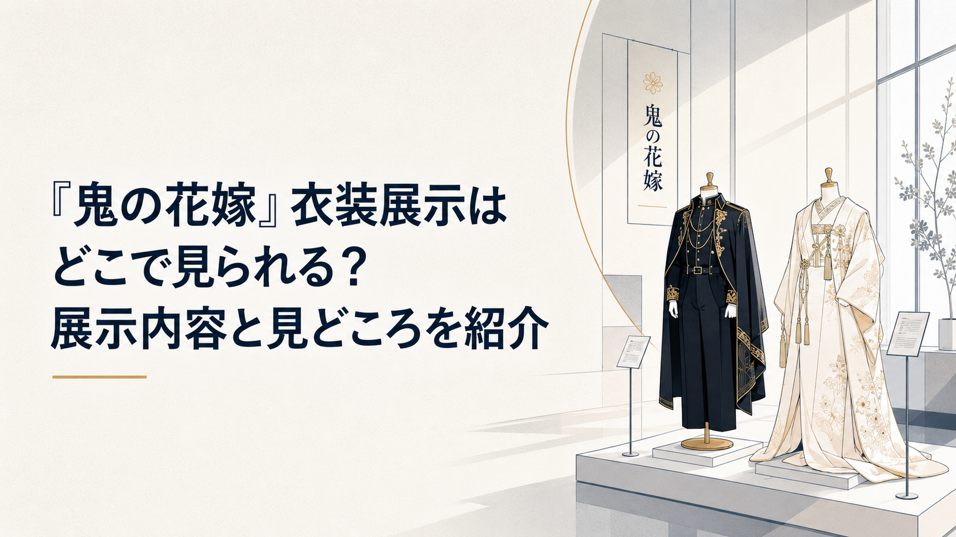 映画の和洋折衷な世界観をイメージした黒い男性衣装と淡色の女性衣装が並ぶ明るい展示空間