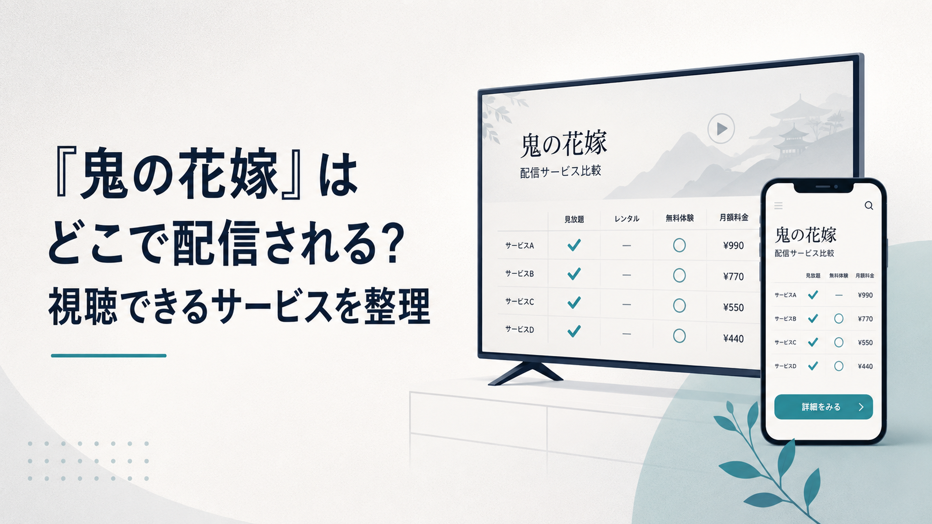 テレビとスマートフォンで鬼の花嫁の配信サービスを比較している画面