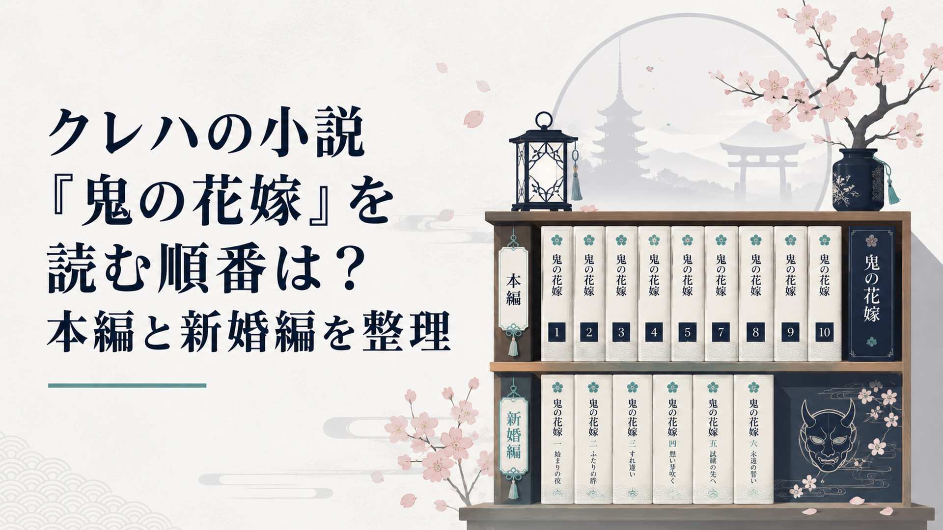 和風ファンタジー小説『鬼の花嫁』の巻数が並ぶ本棚と桜の世界観