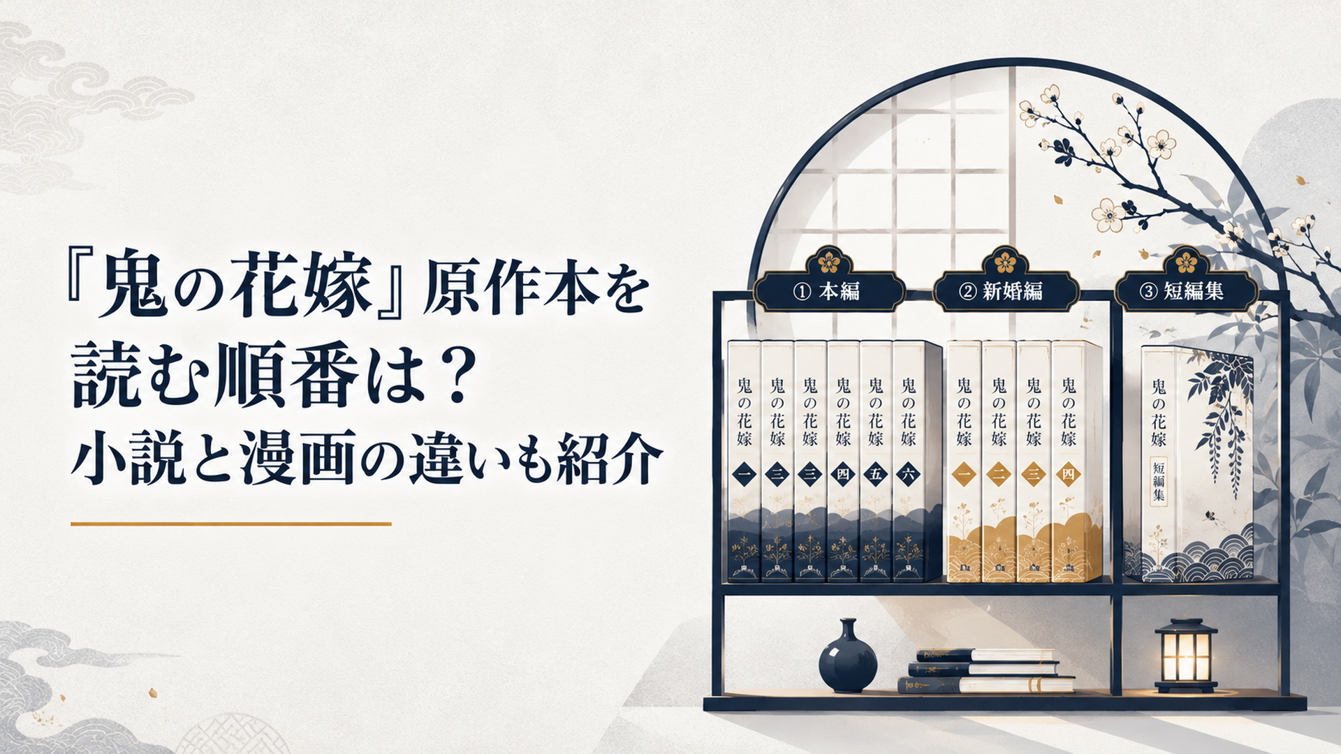 鬼の花嫁の本編と新婚編と短編集が発売順に並ぶ和風の本棚
