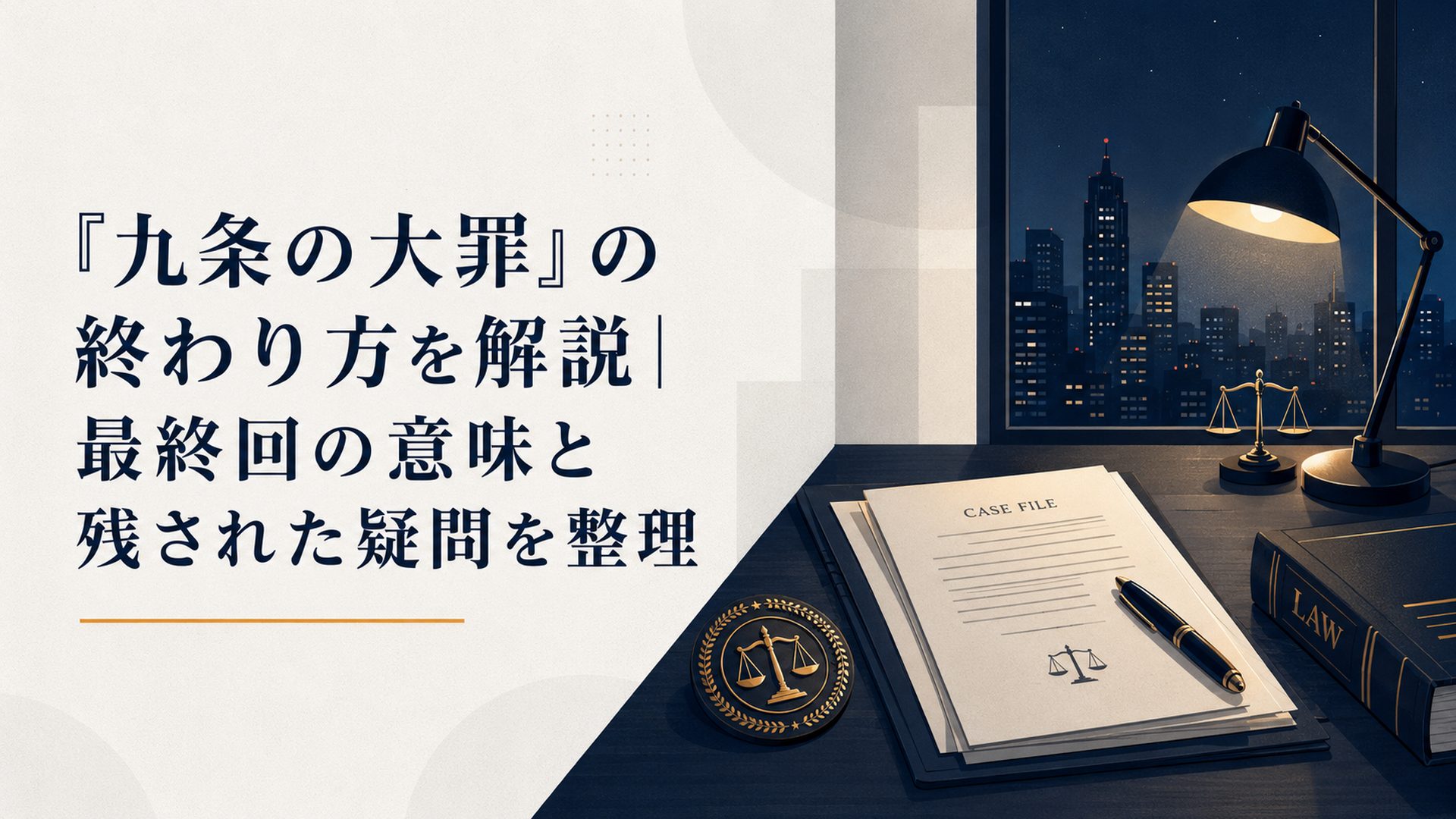 薄暗い法律事務所の机に弁護士バッジと事件資料が置かれ窓の外に夜の街が広がる重厚なドラマ考察風ビジュアル