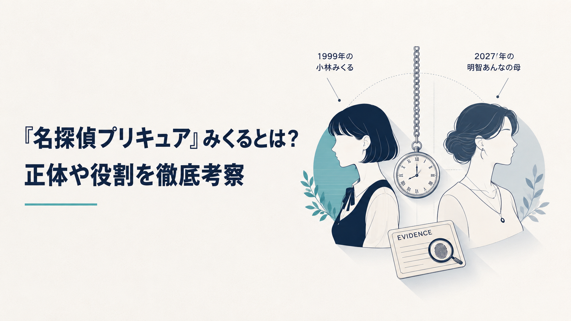 1999年の小林みくると2027年の明智あんなの母を時計型ペンダントと証拠カードで比較する考察イメージ