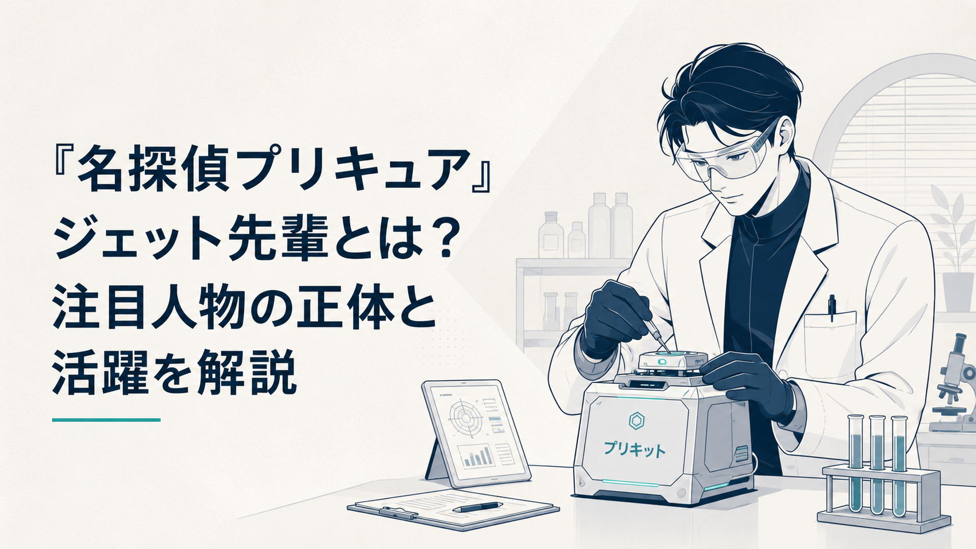白衣とゴーグル姿のジェット先輩が研究室でプリキットを調整している場面