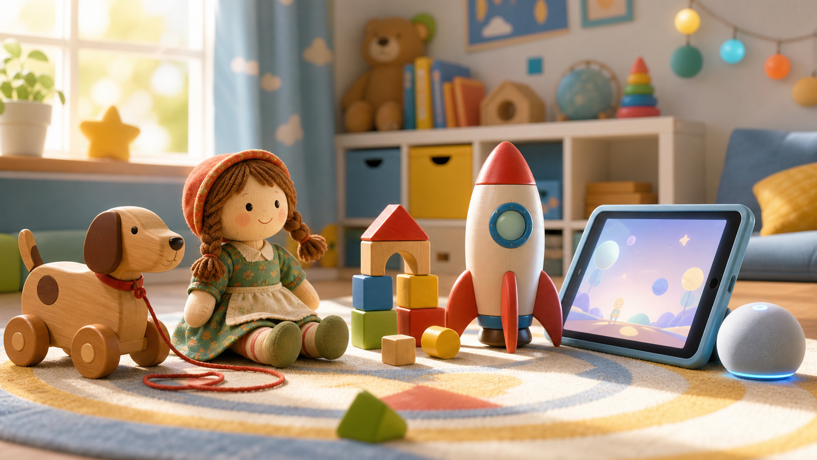 昔ながらの玩具とデジタル機器が共存する物語イメージ