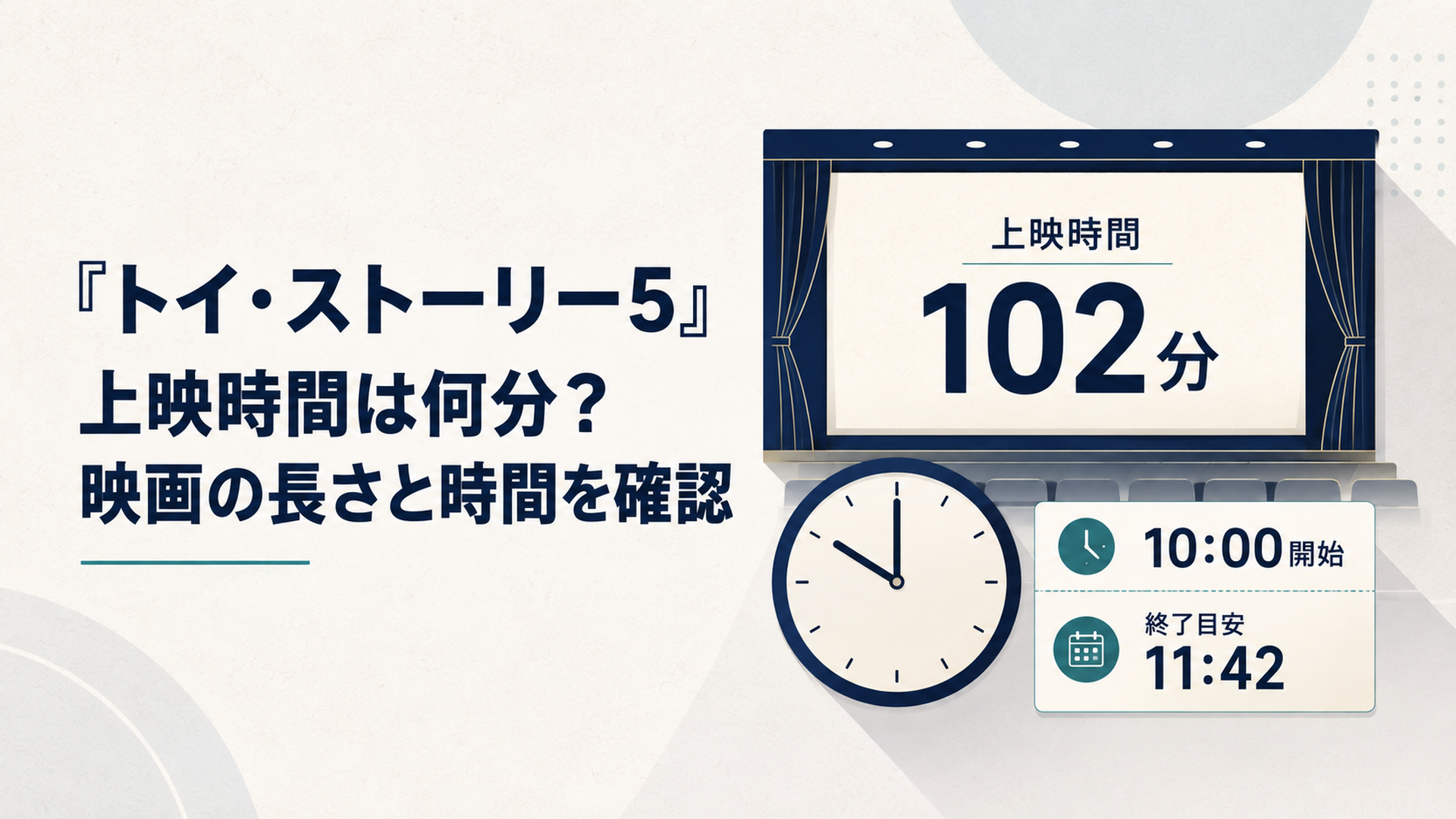 映画館のスクリーンと時計に上映時間102分と10時開始の終了目安が表示された場面