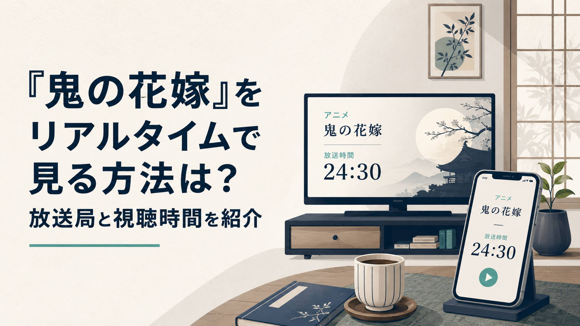 和風の落ち着いた室内でテレビとスマートフォンに24時30分のアニメ視聴時刻が表示されているイメージ