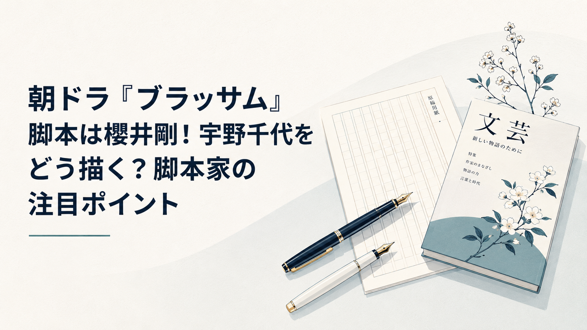 原稿用紙と二本の万年筆、文芸雑誌を配した朝ドラ『ブラッサム』脚本家特集のイメージ