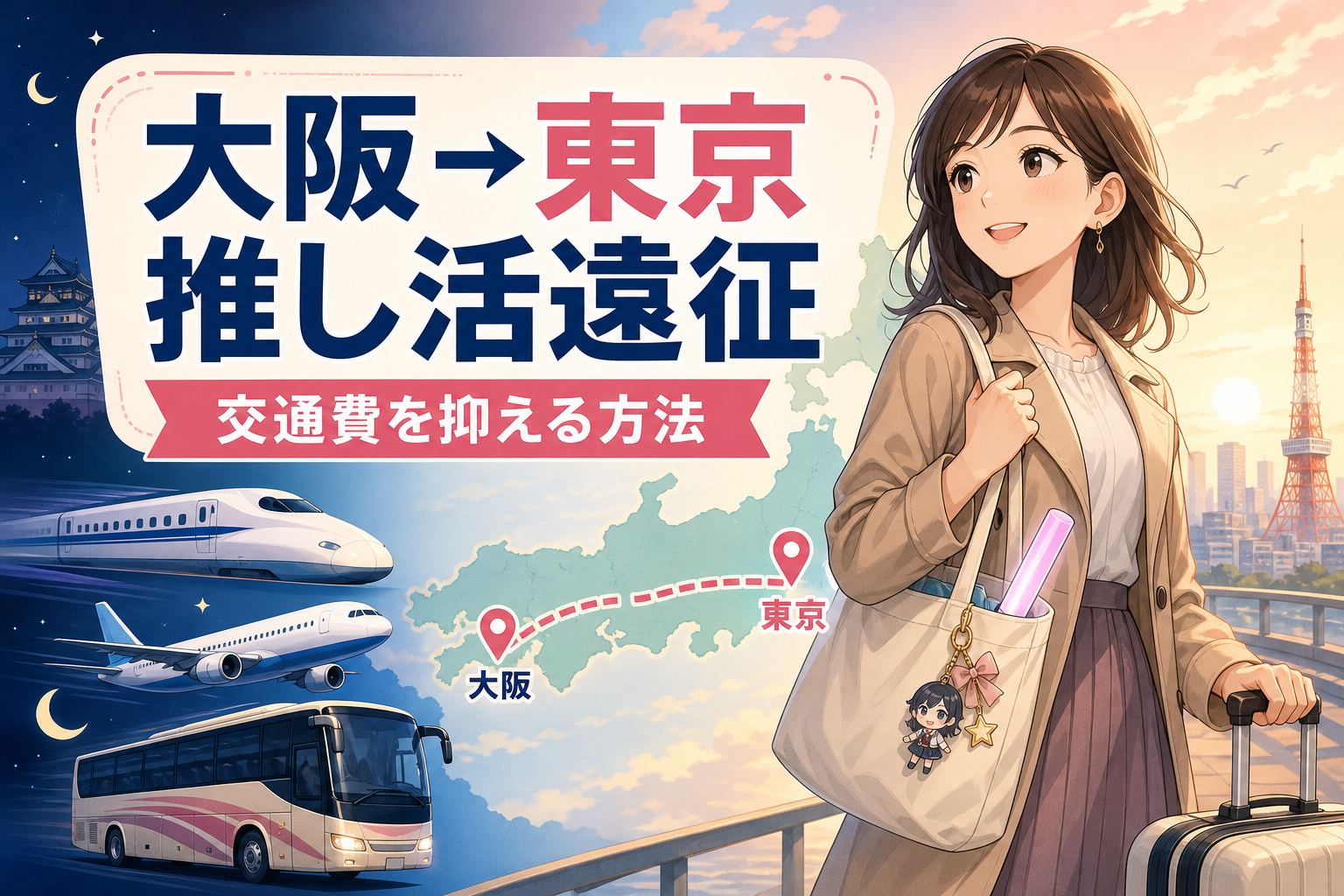 大阪から東京への推し活遠征で新幹線・飛行機・夜行バスを比較する女性