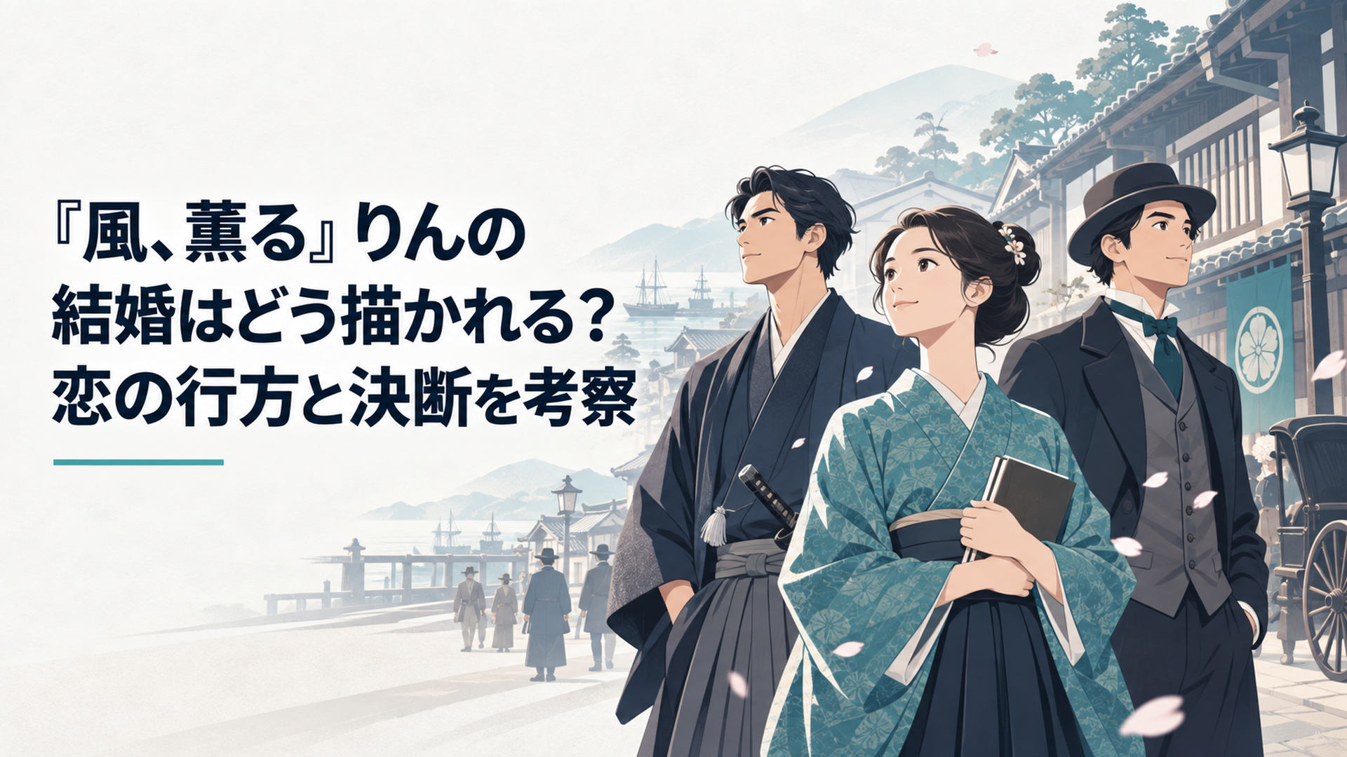 明治時代の町並みを背景にりんとシマケンと環が穏やかに未来を見つめる場面
