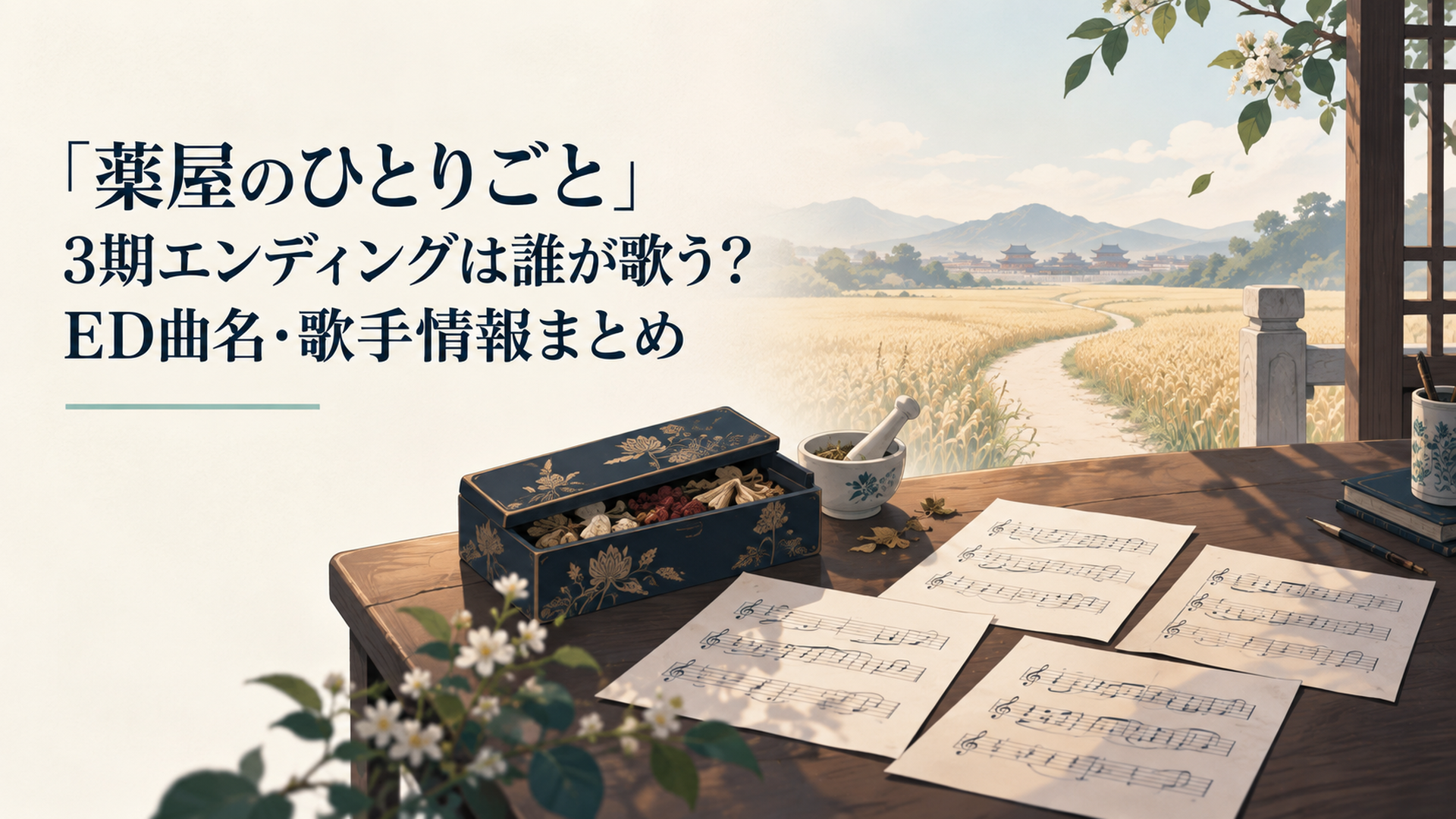 薬箱と四枚の楽譜を置いた机の向こうに麦畑へ続く道が見えるオリジナルイラスト