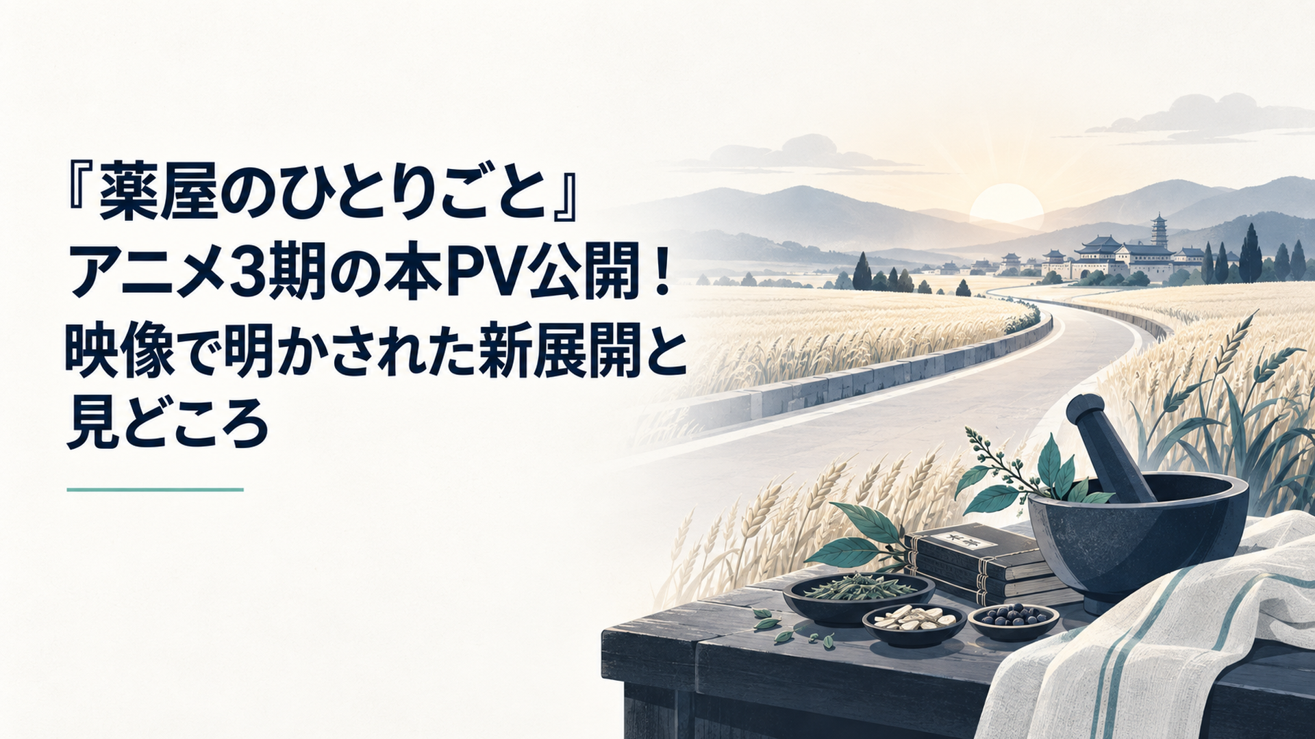 朝焼けに染まる広い道と麦畑、手前に置かれた薬師の道具を描くオリジナルイラスト
