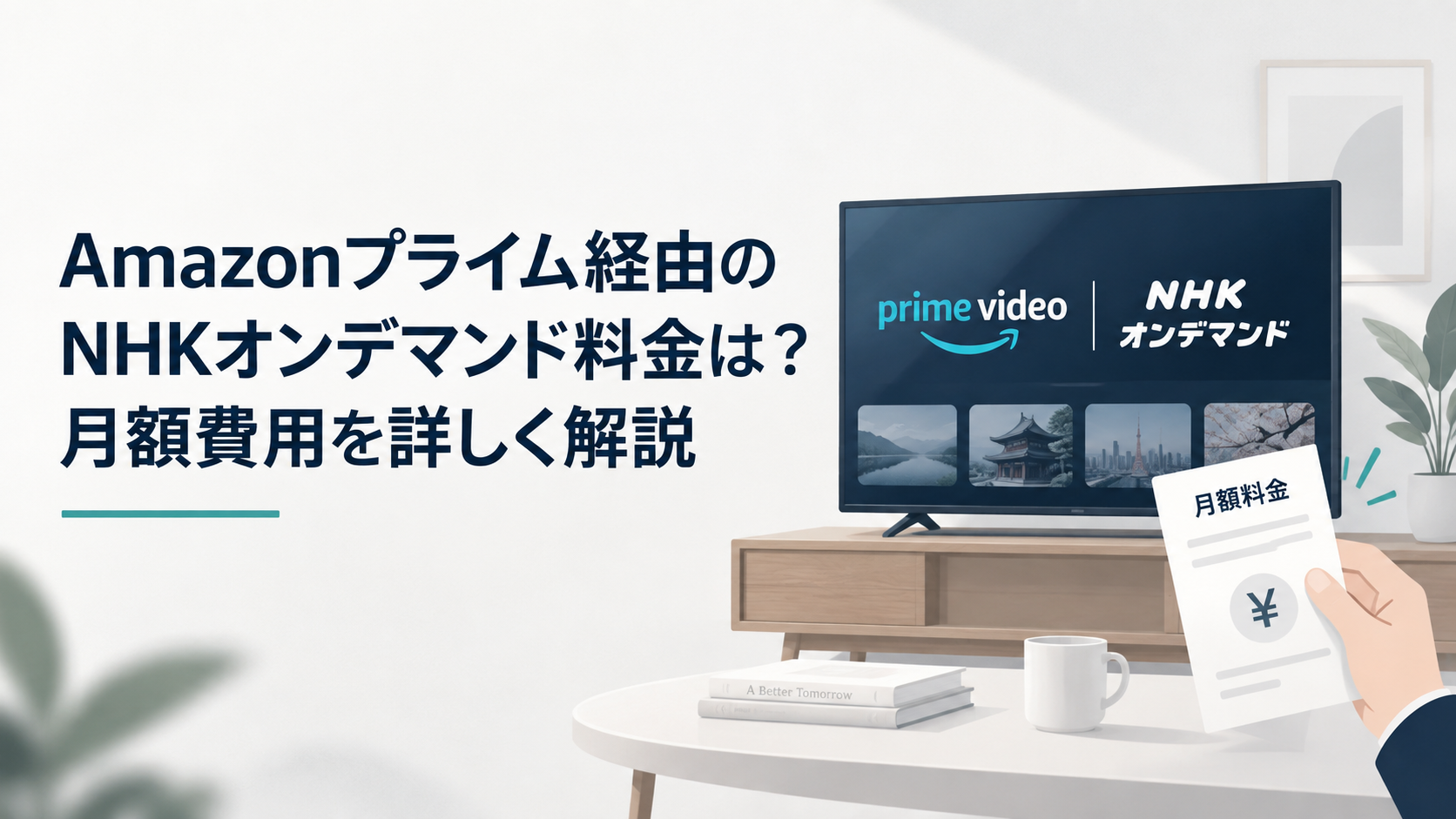 テレビに映るPrime VideoのNHKオンデマンド画面と月額料金を確認する手元