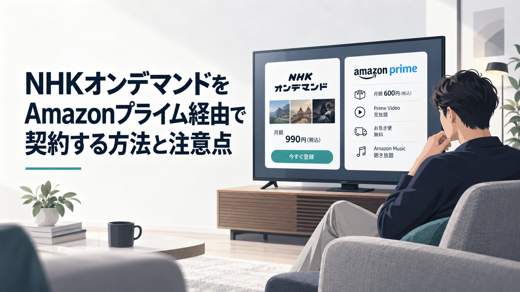 テレビ画面の前でNHKオンデマンドの料金とAmazonプライムの契約条件を確認する大人