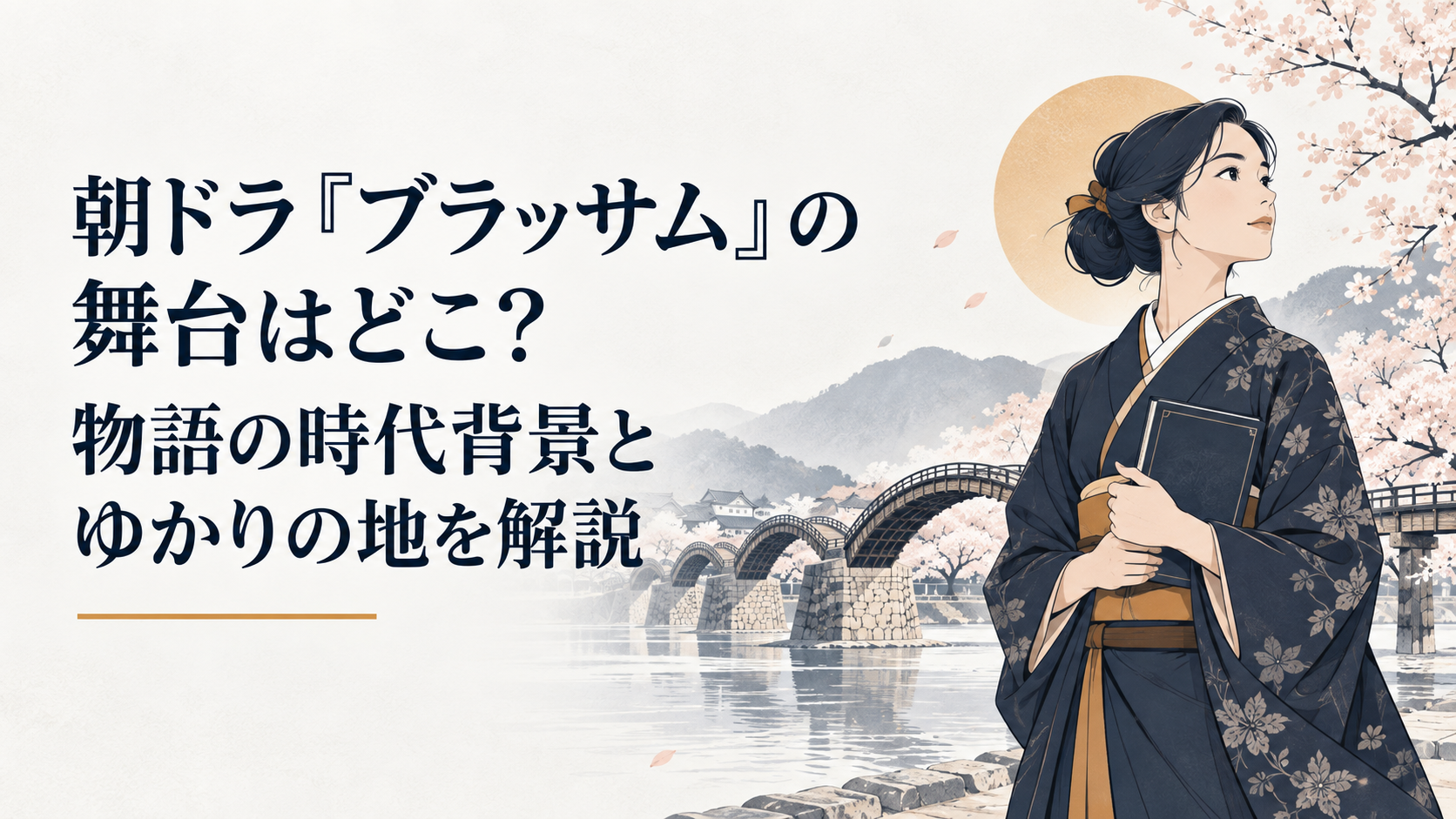 錦帯橋と桜並木を背景に明治時代の装いで立つ小説家志望の女性
