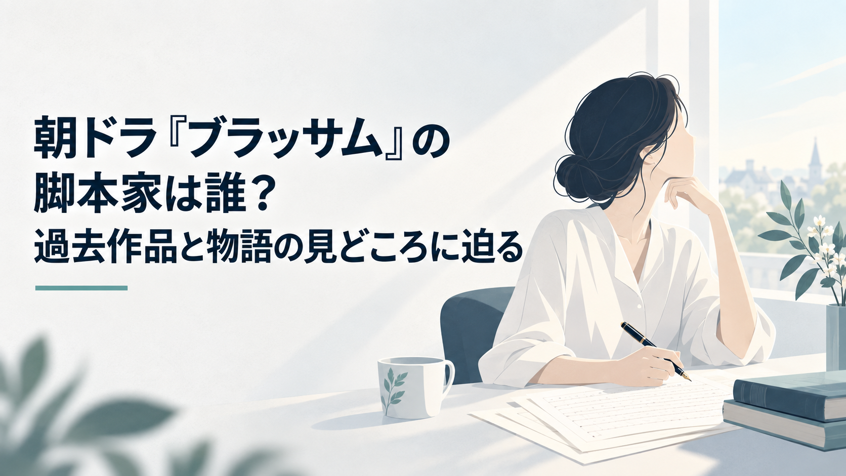 原稿用紙と万年筆を前に朝の光を見つめる女性作家
