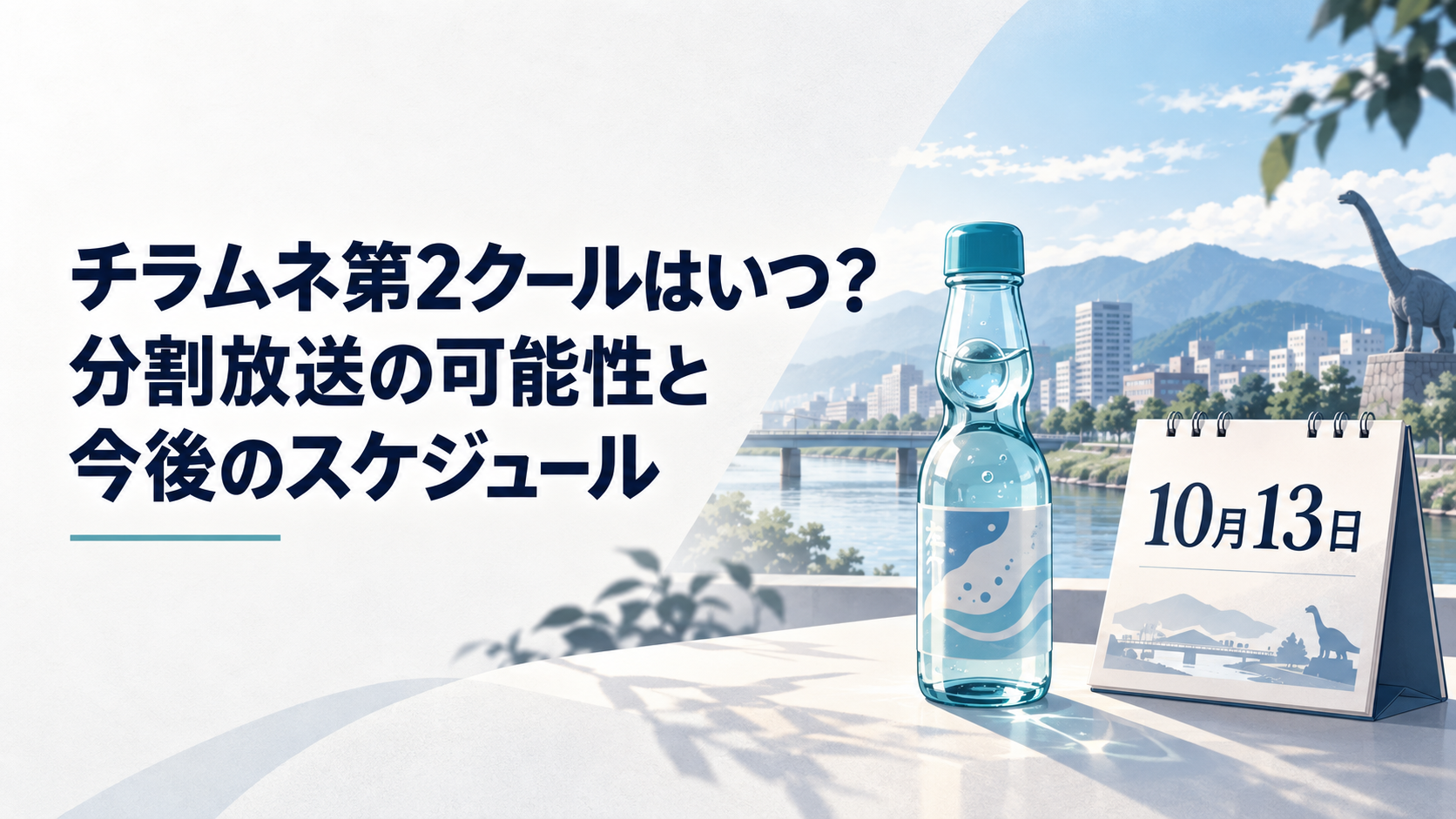 福井の青空と街並みを背景に、ラムネ瓶と10月13日のカレンダーが置かれた青春アニメのイメージ
