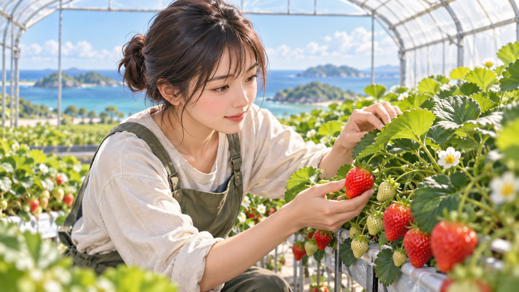 イチゴの実を確認する農業女子のイメージ