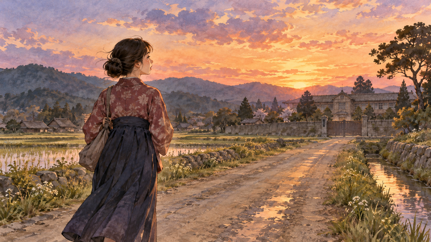 夕暮れの道を一人で歩く珠をイメージした挿絵