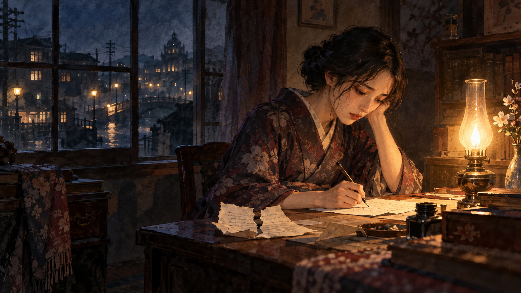 ランプの灯りの下で島村への手紙を書く珠を描いたイメージイラスト