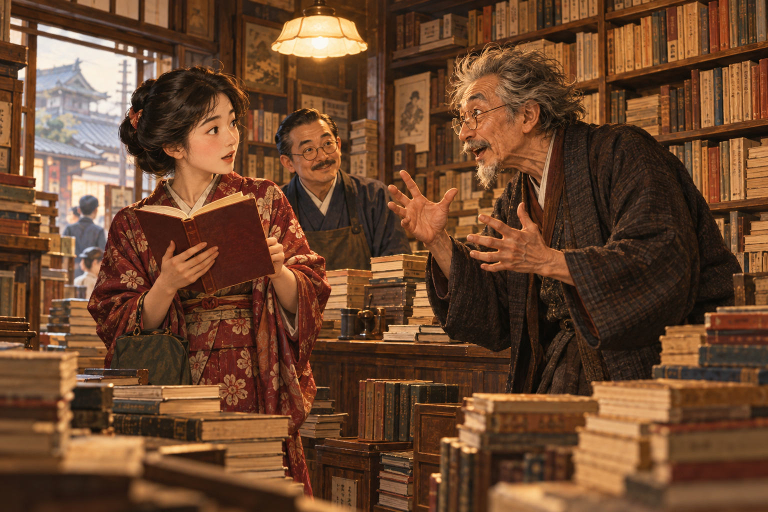 大正時代の東京・本郷の書店で翻訳家の話に聞き入る若い女性を描いたイメージイラスト