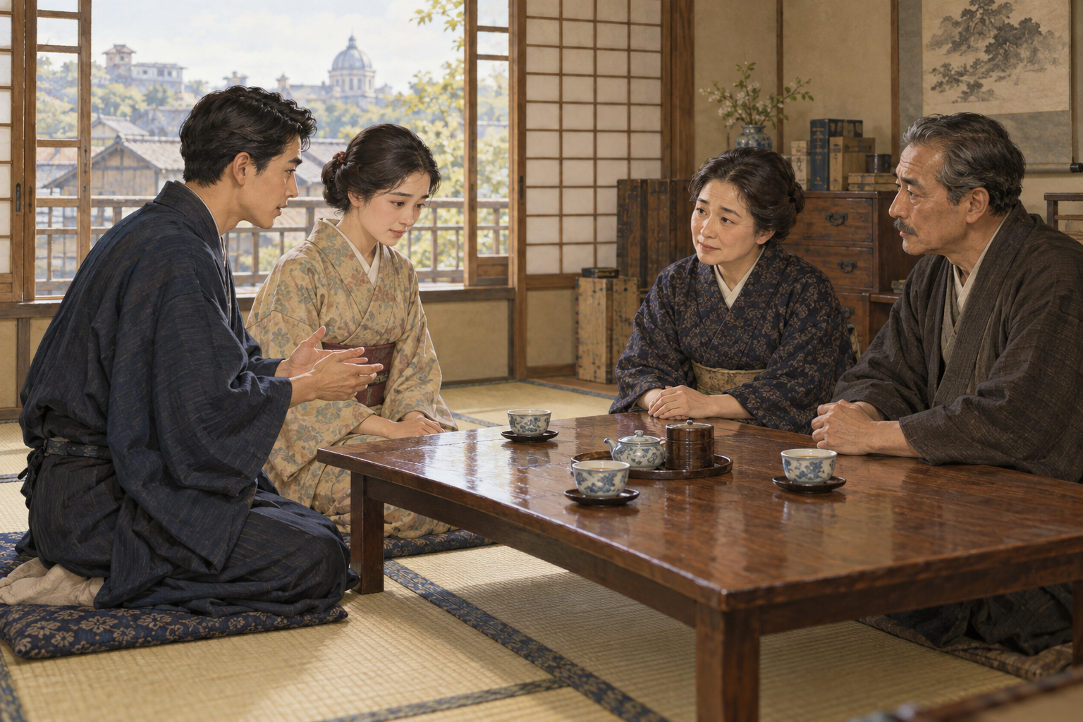 大正時代の下宿で若い男女が大家夫婦に事情を打ち明ける場面のイメージイラスト