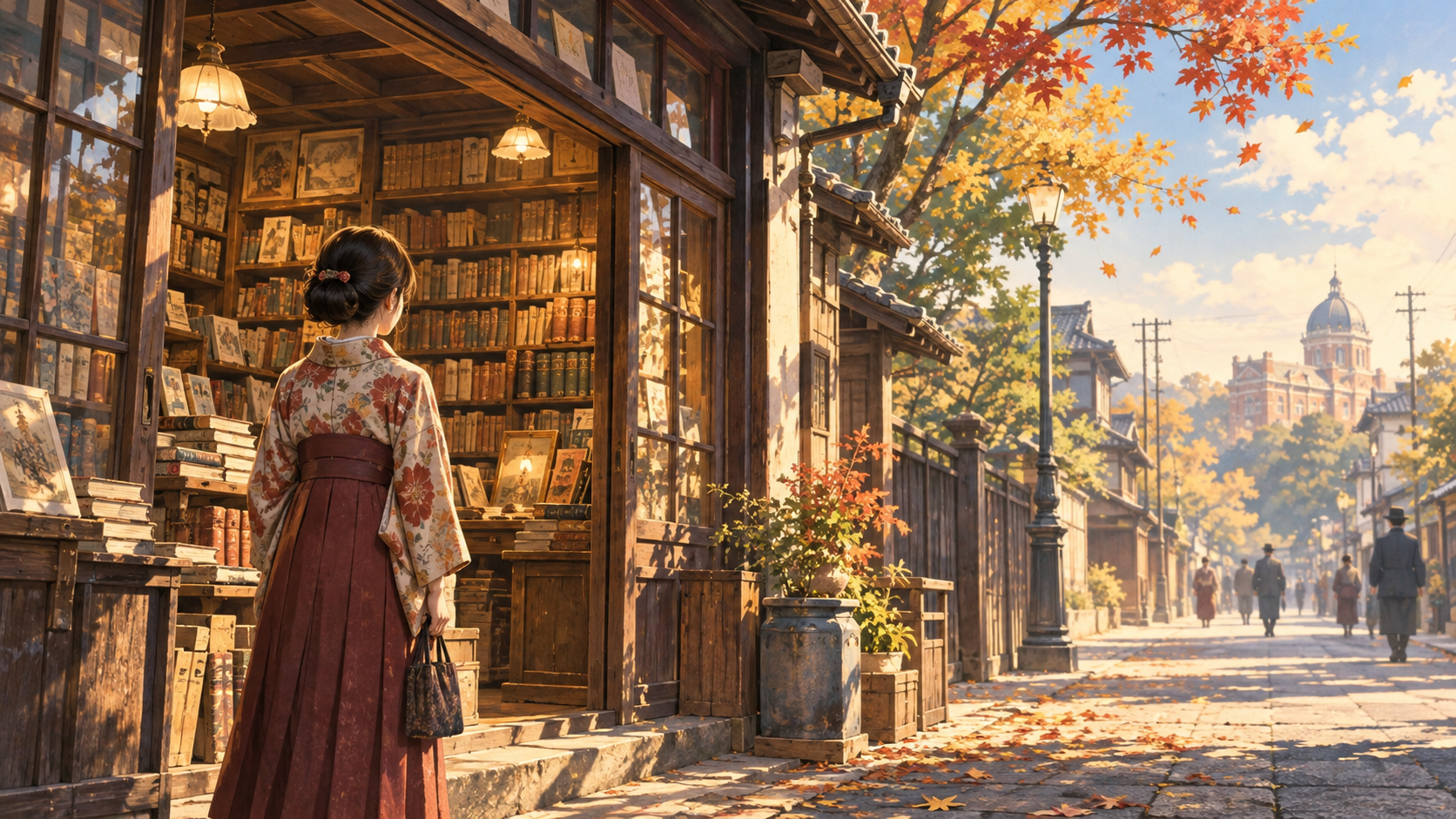 大正時代の東京・本郷の書店に立つ若い女性を描いたイメージイラスト
