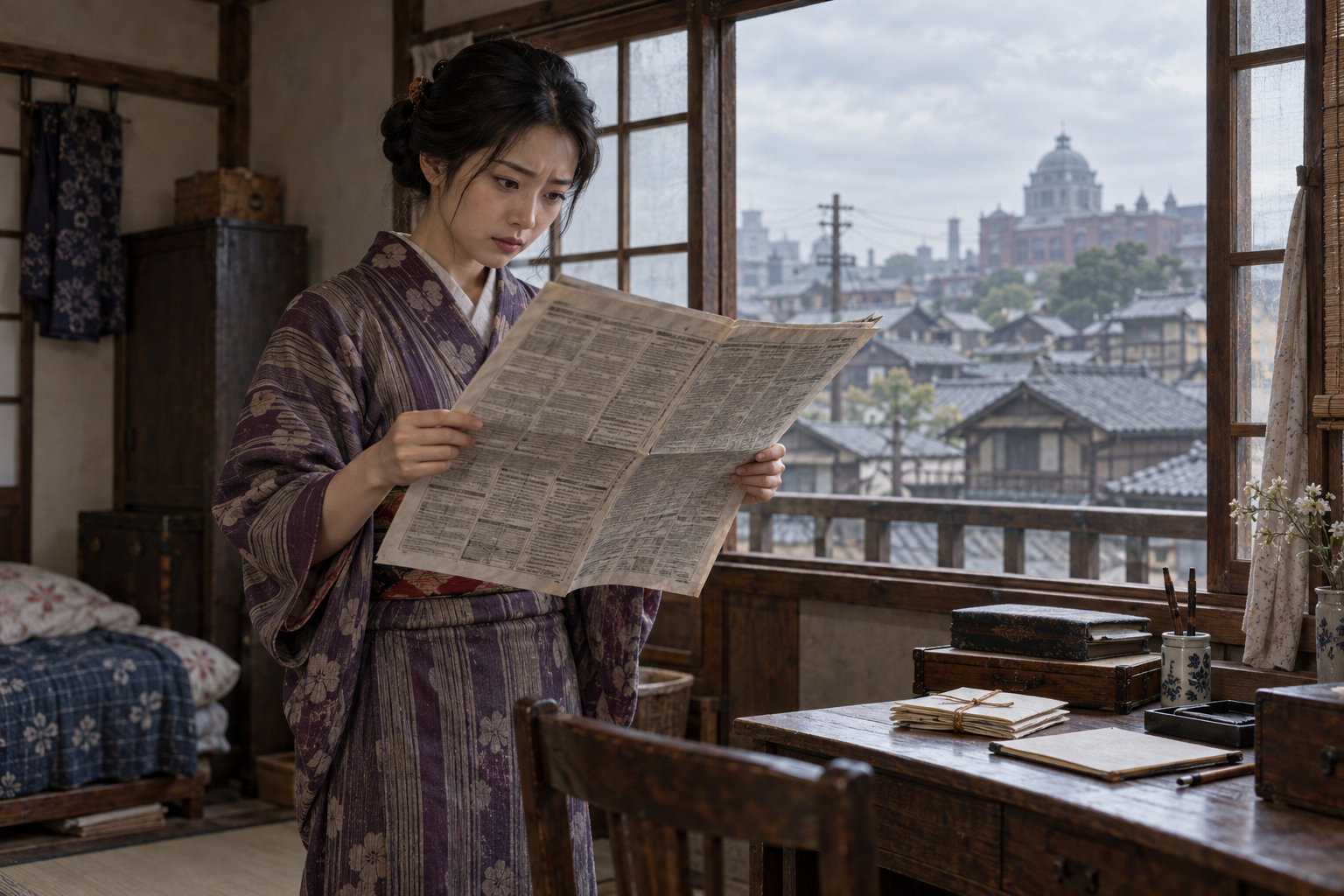 大正時代の東京で求人を探す若い女性を描いたイメージイラスト