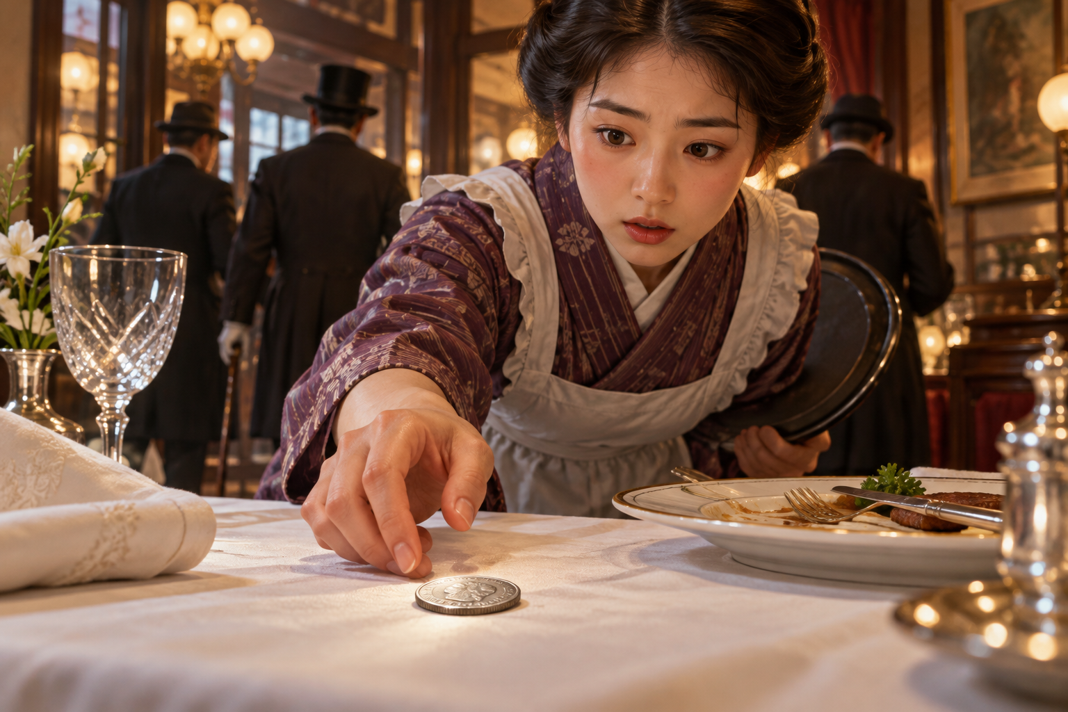 大正時代の西洋レストランのテーブルに置かれた五十銭銀貨を見つめるウエイトレスのイメージイラスト