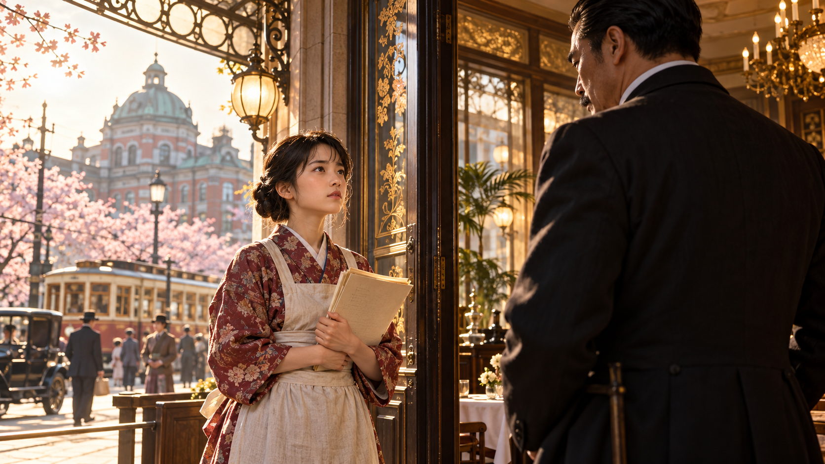 大正時代の西洋レストラン入口で原稿を抱えた若い女性と編集者を描いたイメージイラスト