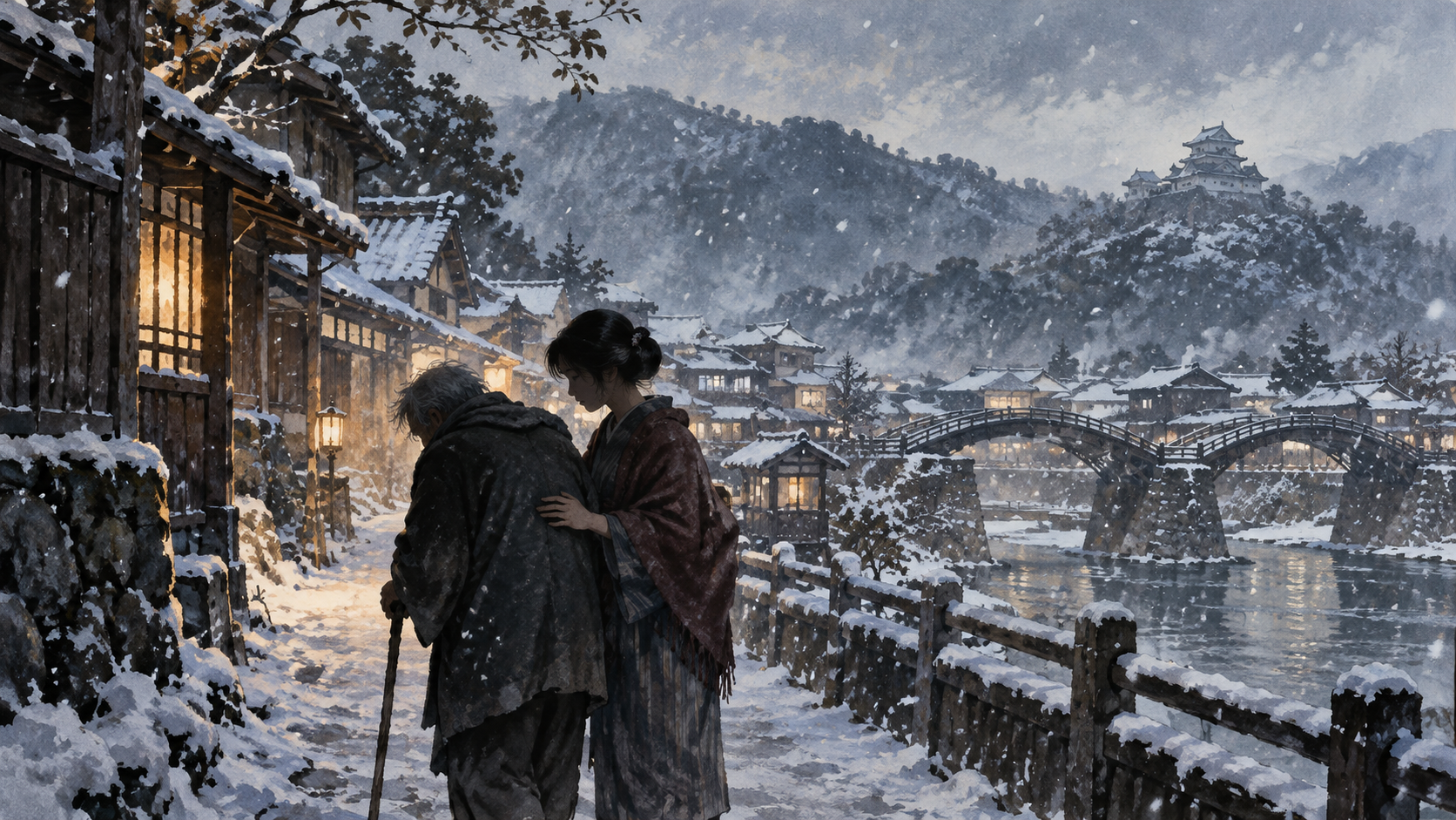 雪の町で父を静かに支える娘を描いたイメージイラスト