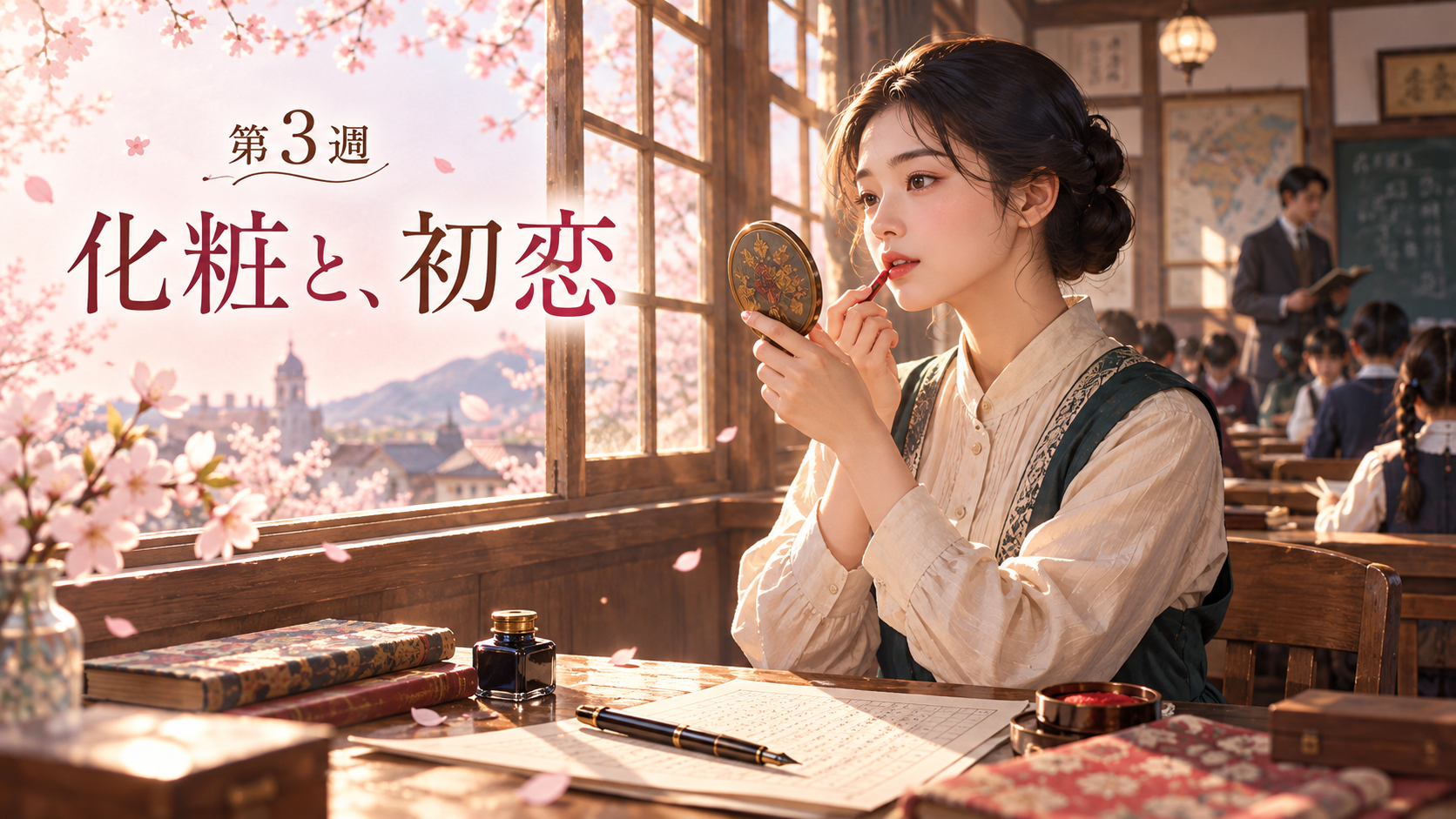 教室で初めて紅を引く珠をイメージした第3週のイラスト