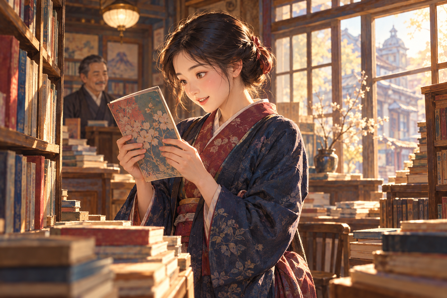 東京の書店で花手帖を手に取り小説への情熱を取り戻す珠を描いたイメージイラスト