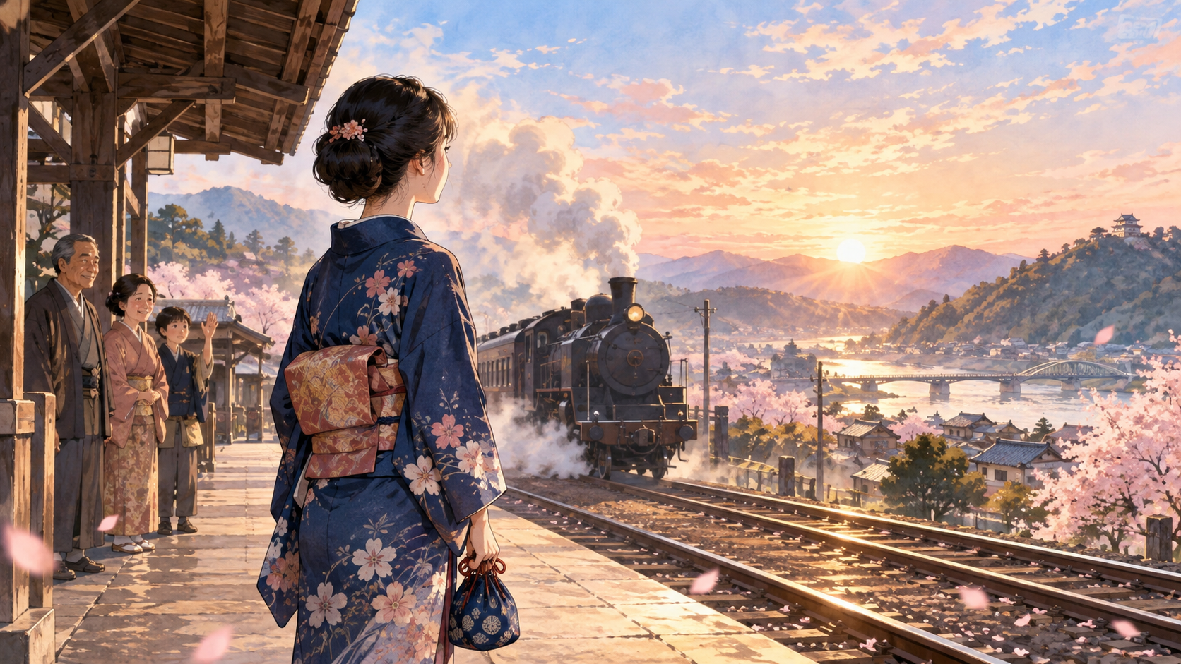 岩国の駅から東京へ旅立つ珠をイメージしたブラッサム第4週のイラスト