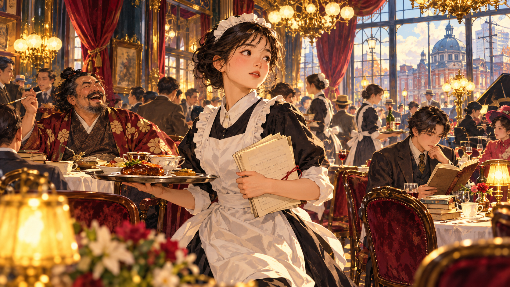 西洋レストラン悠樂軒で働きながら小説の原稿を抱える珠をイメージしたイラスト