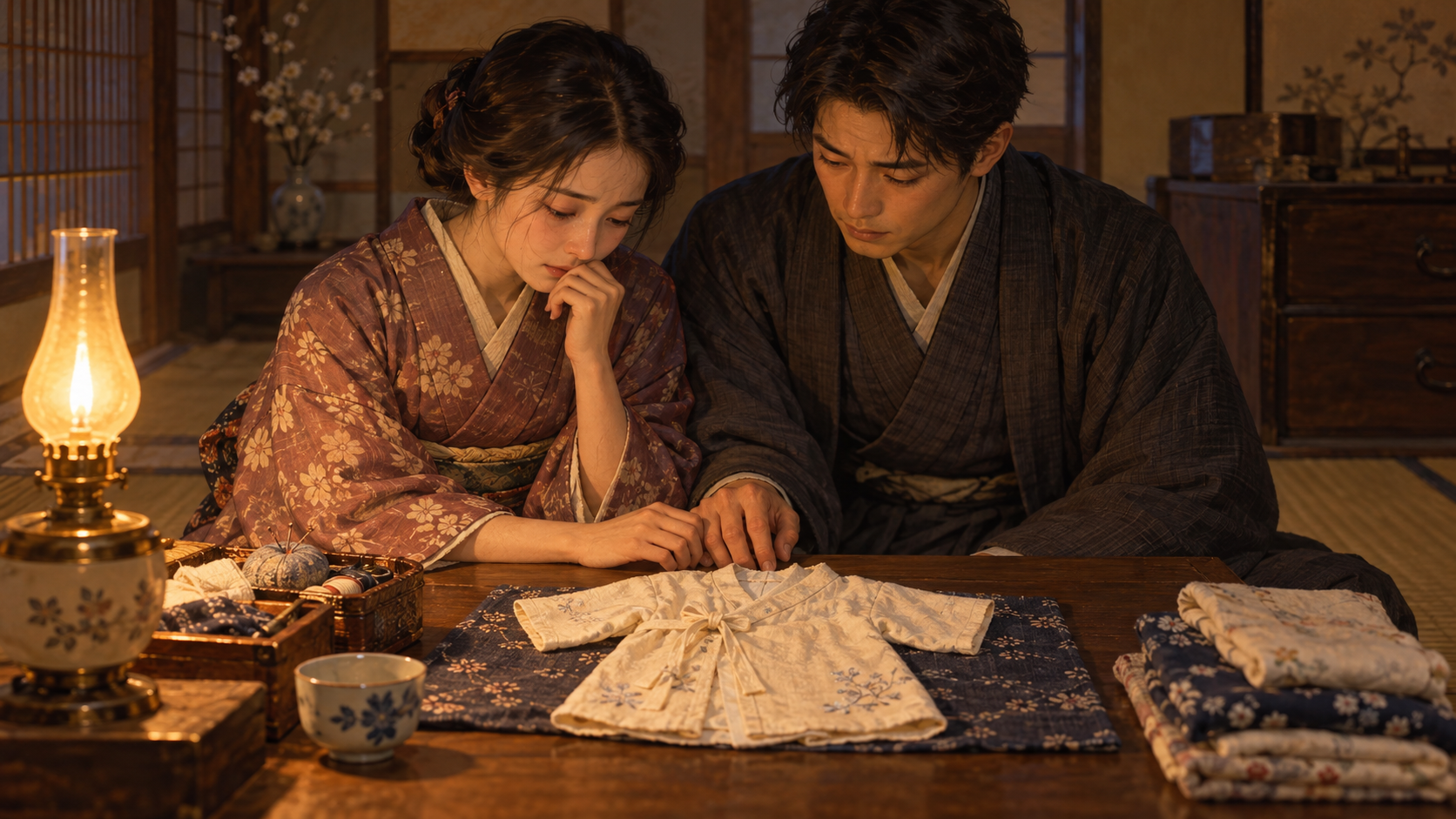 大正時代の小さな部屋で赤ちゃんの肌着を静かに見つめる若い夫婦のイメージイラスト