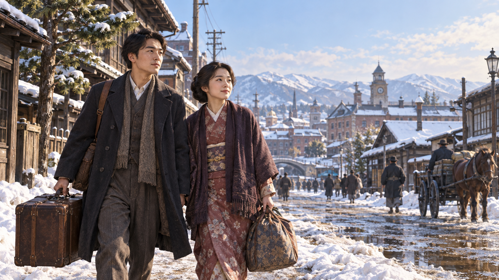 大正時代の雪が残る札幌の街へ荷物を持って到着する若い夫婦のイメージイラスト