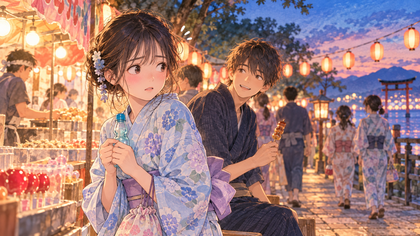 夏祭りでラムネを手にしながら誰かの登場を気にする少女と、そばで微笑む少年のイメージ