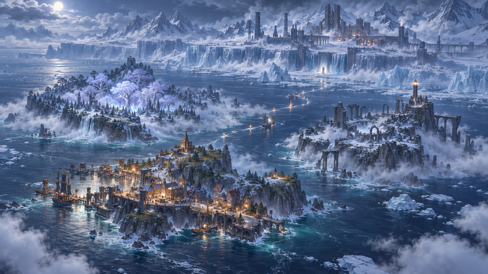 ナド・クライの三つの島とスネージナヤへ続く雪の大地を描いた位置関係イメージ