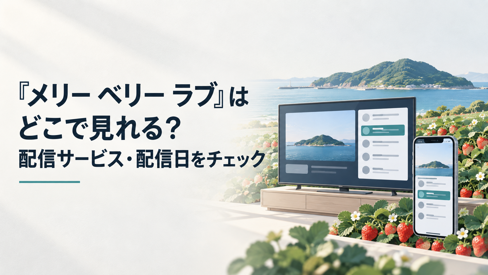 茶呂島のイチゴ畑とドラマの放送・配信予定を表示したテレビとスマートフォン