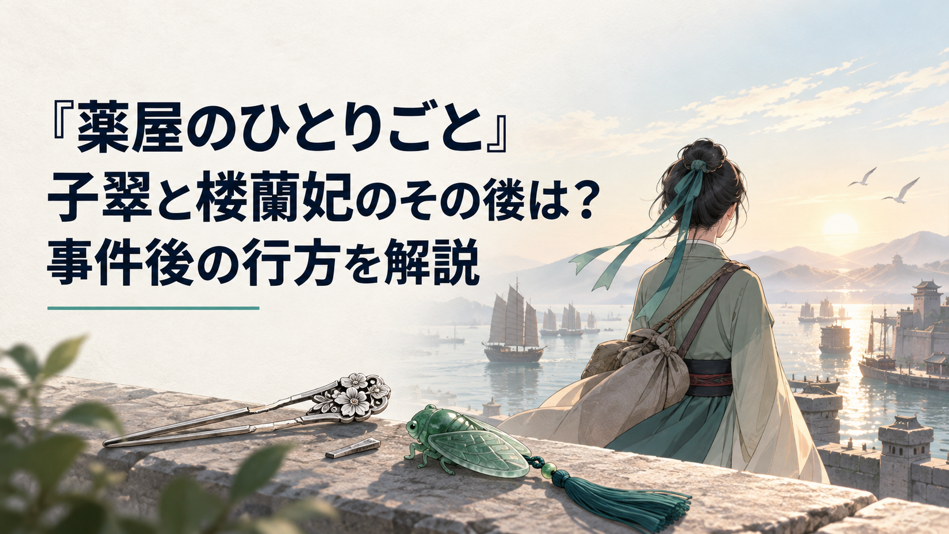 明るい港を望む旅姿の少女の後ろ姿と、傷ついた銀の簪、玉製の蝉を組み合わせた再出発のイメージ