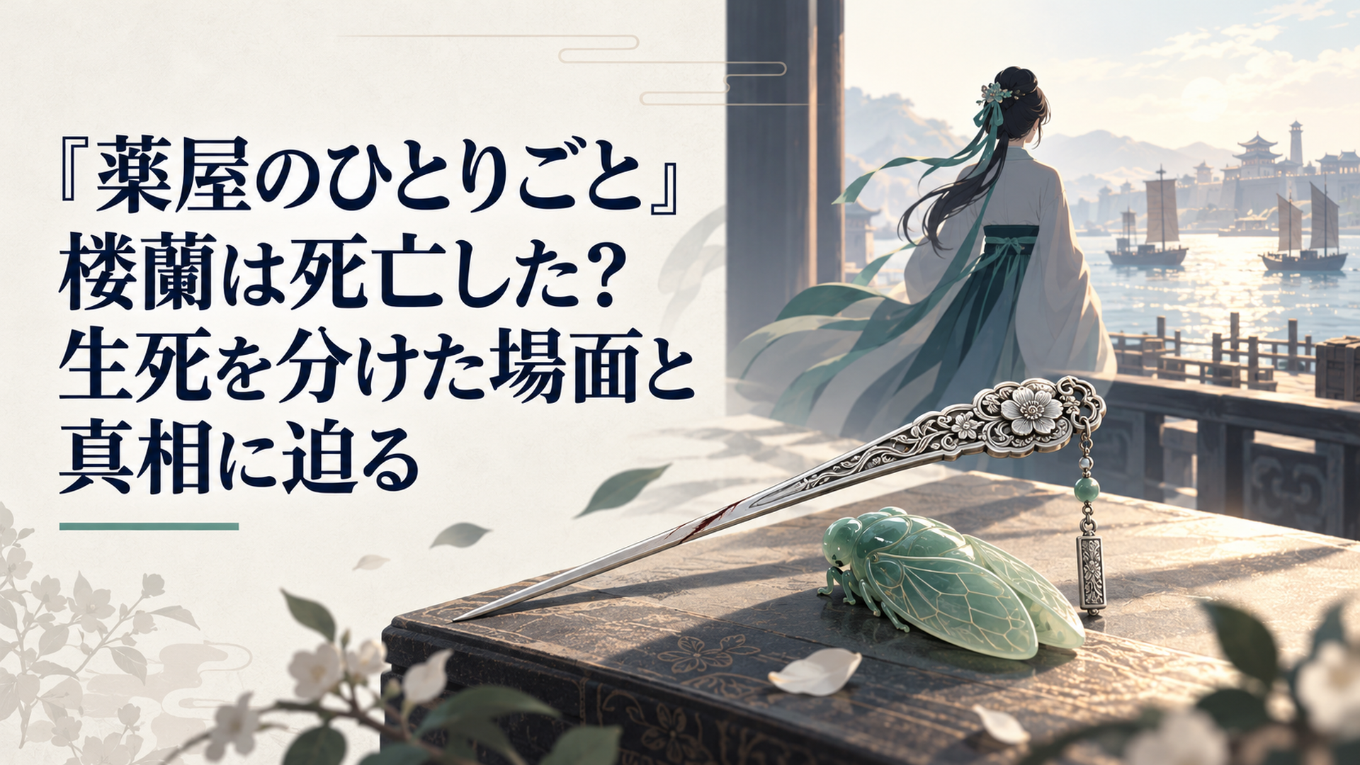 傷のある銀の簪と玉製の蝉を手前に置き、明るい港へ向かう娘の後ろ姿を描いた象徴的な構図