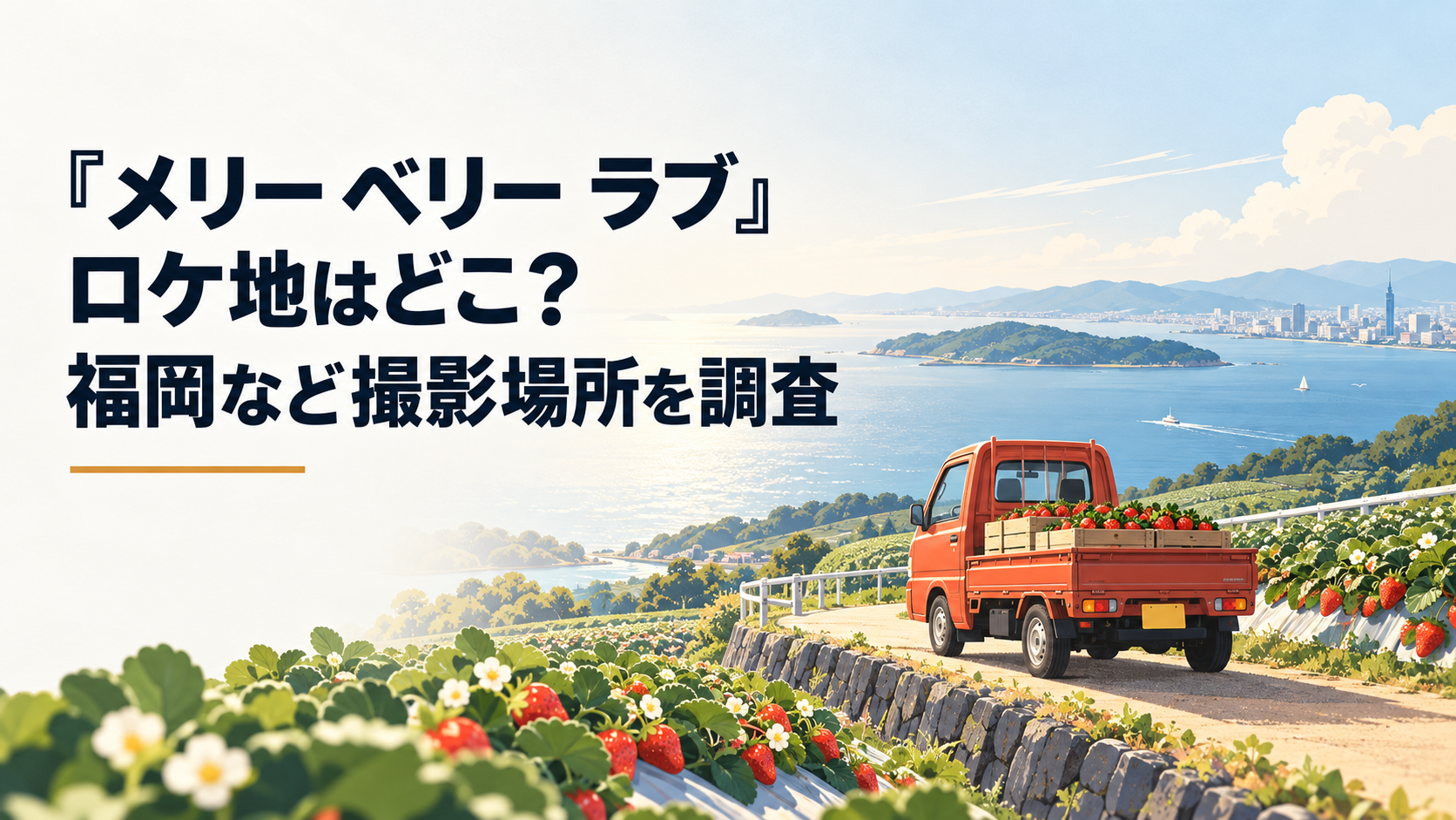 博多湾に浮かぶ能古島と海を望むイチゴ畑を走る赤い軽トラック