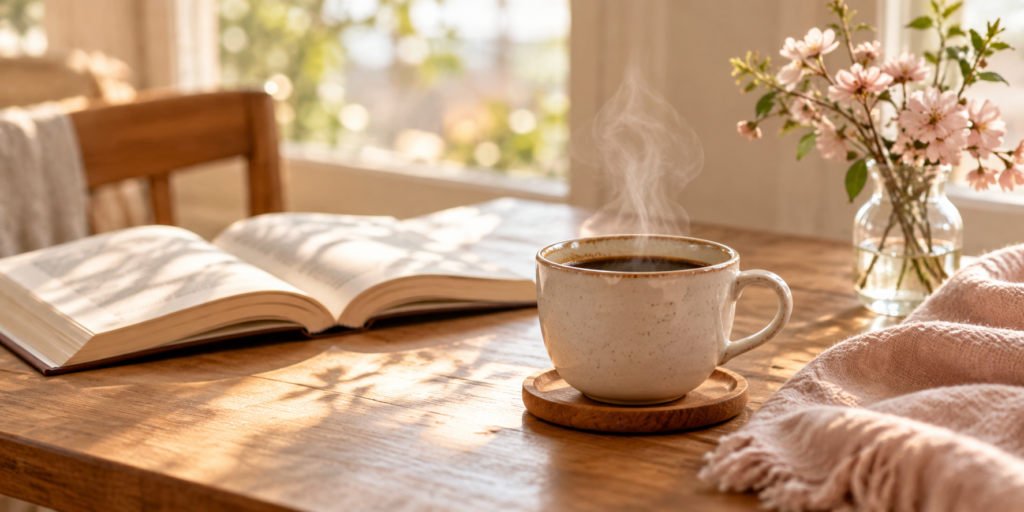 窓辺のテーブルに置かれたコーヒーと本、淡いピンクの花
